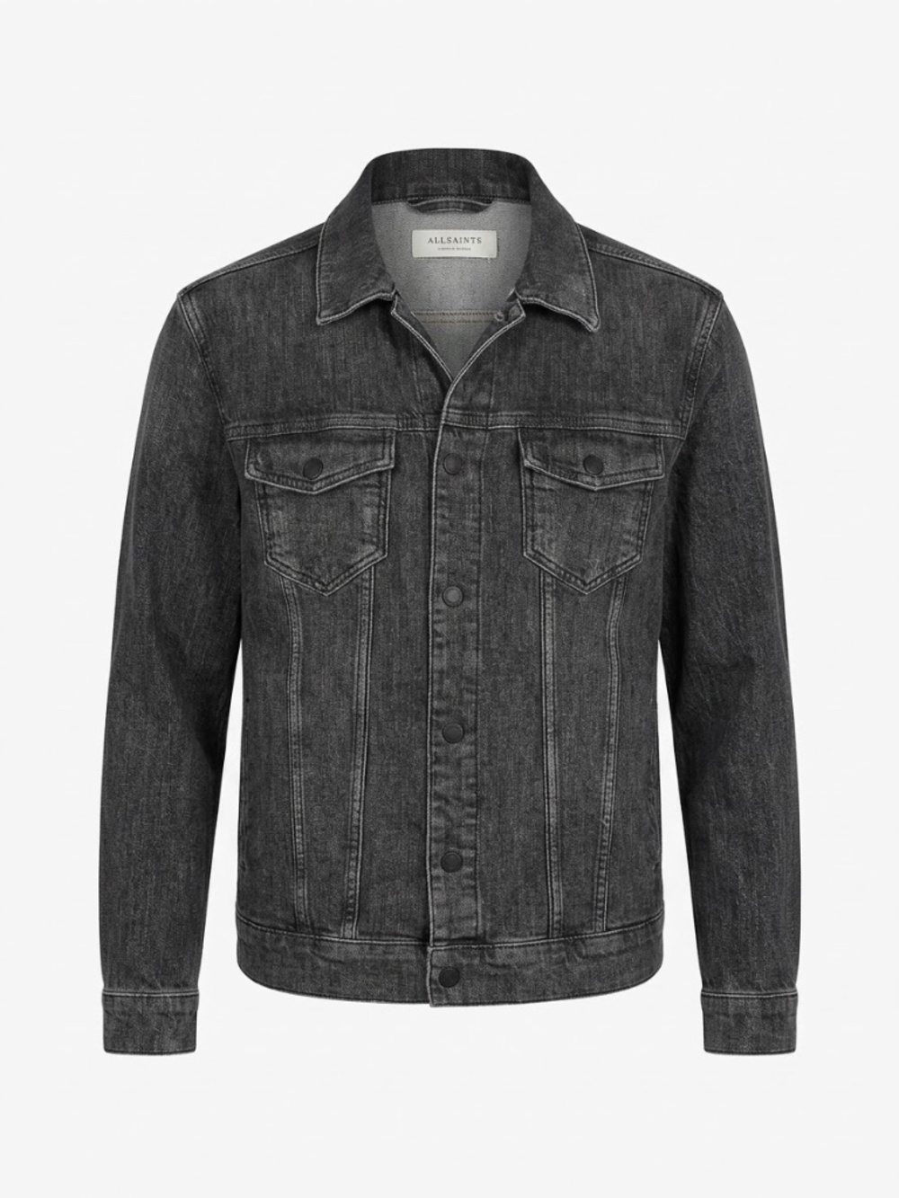 All Saints Men's Slim Fit Black Trucker Jacket with Chest Pockets. Small